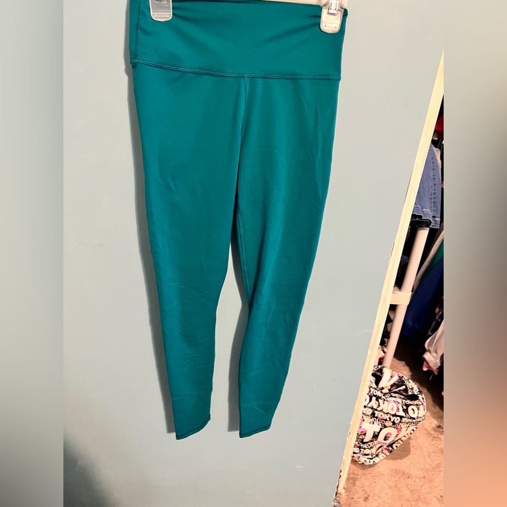 Aqua blue PowerHold Fabletics leggings full length